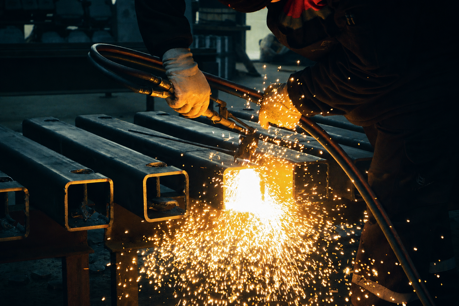 Welder fabricating steel in a workshop